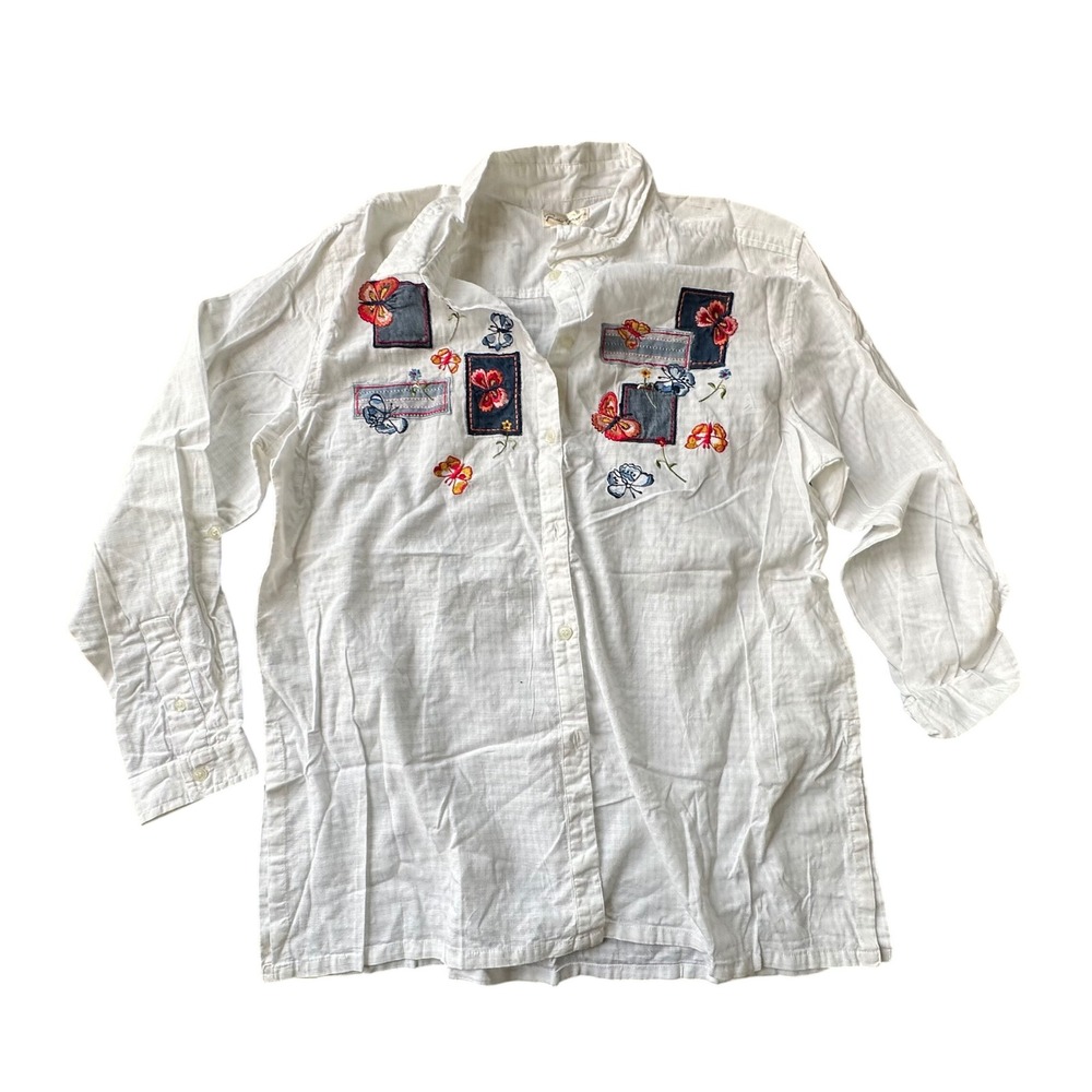 Bobbie Brooks White Embroidered Butterfly Patch Button Down Shirt Long Sleeve L